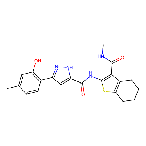 3-(2-hydroxy-4-methylphenyl)-N-(3-(methylcarbamoyl)-4,5,6,7-tetrahydrobenzo[b]thiophen-2-yl)-1H-pyrazole-5-carboxamide structure