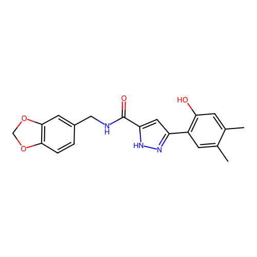 N-(1,3-benzodioxol-5-ylmethyl)-5-(2-hydroxy-4,5-dimethylphenyl)-1H-pyrazole-3-carboxamide structure