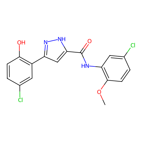 3-(5-chloro-2-hydroxyphenyl)-N-(5-chloro-2-methoxyphenyl)-1H-pyrazole-5-carboxamide structure