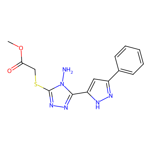 methyl {[4-amino-5-(3-phenyl-1H-pyrazol-5-yl)-4H-1,2,4-triazol-3-yl]sulfanyl}acetate structure