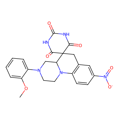 2',6'-dihydroxy-3-(2-methoxyphenyl)-8-nitro-2,3,4,4a-tetrahydro-1H,4'H,6H-spiro[pyrazino[1,2-a]quinoline-5,5'-pyrimidin]-4'-one structure