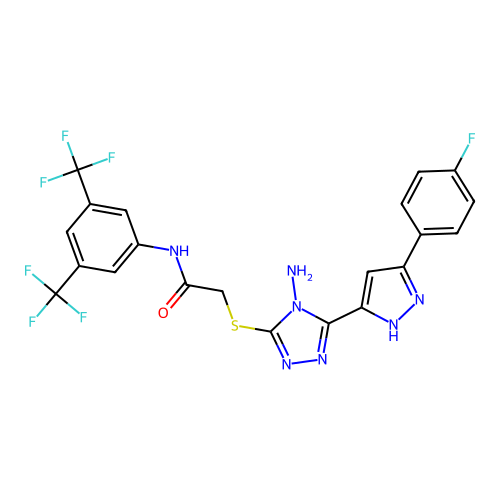 2-((4-amino-5-(3-(4-fluorophenyl)-1H-pyrazol-5-yl)-4H-1,2,4-triazol-3-yl)thio)-N-(3,5-bis(trifluoromethyl)phenyl)acetamide structure