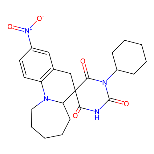 1'-cyclohexyl-2'-hydroxy-3-nitro-6a,7,8,9,10,11-hexahydro-4'H,5H-spiro[azepino[1,2-a]quinoline-6,5'-pyrimidine]-4',6'(1'H)-dione structure