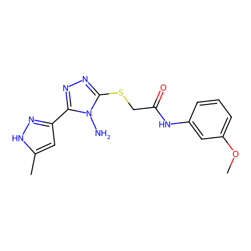 2-((4-amino-5-(3-methyl-1H-pyrazol-5-yl)-4H-1,2,4-triazol-3-yl)thio)-N-(3-methoxyphenyl)acetamide structure