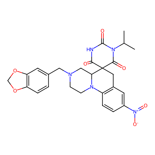 3'-(1,3-benzodioxol-5-ylmethyl)-8'-nitro-1-propan-2-ylspiro[1,3-diazinane-5,5'-2,4,4a,6-tetrahydro-1H-pyrazino[1,2-a]quinoline]-2,4,6-trione structure