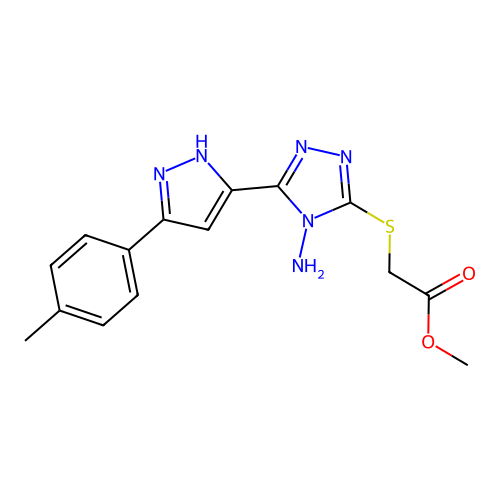 methyl 2-((4-amino-5-(3-(p-tolyl)-1H-pyrazol-5-yl)-4H-1,2,4-triazol-3-yl)thio)acetate structure