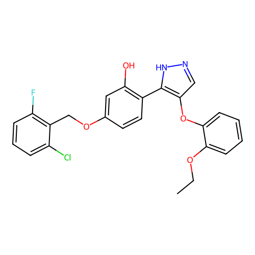5-((2-chloro-6-fluorobenzyl)oxy)-2-(4-(2-ethoxyphenoxy)-1H-pyrazol-3-yl)phenol structure