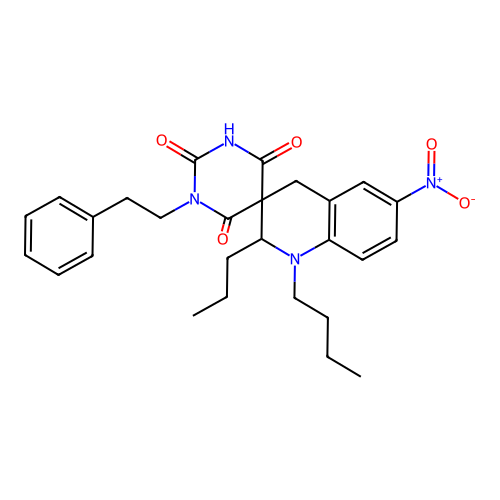 1'-butyl-6'-nitro-1-phenethyl-2'-propyl-2',4'-dihydro-1H,1'H-spiro[pyrimidine-5,3'-quinoline]-2,4,6(3H)-trione structure