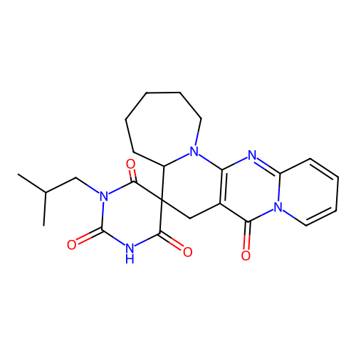 1'-isobutyl-1,2,3,4,5,5a-hexahydro-1'H-spiro[pyrido[1'',2'':1',2']pyrimido[5',4':5,6]pyrido[1,2-a]azepine-6,5'-pyrimidine]-2',4',6',8(3'H,7H)-tetraone structure