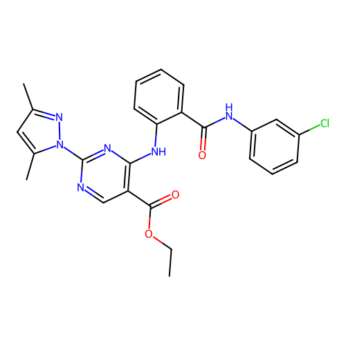 ethyl 4-((2-((3-chlorophenyl)carbamoyl)phenyl)amino)-2-(3,5-dimethyl-1H-pyrazol-1-yl)pyrimidine-5-carboxylate structure