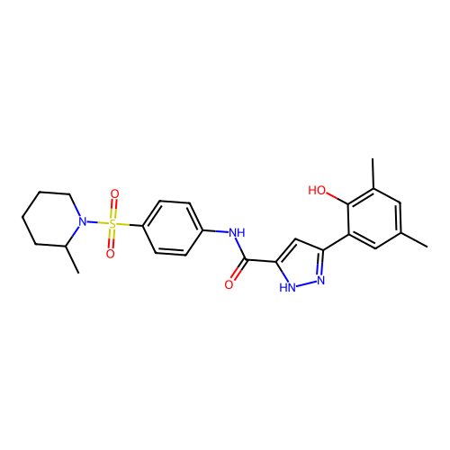 5-(2-hydroxy-3,5-dimethylphenyl)-N-{4-[(2-methylpiperidin-1-yl)sulfonyl]phenyl}-1H-pyrazole-3-carboxamide structure