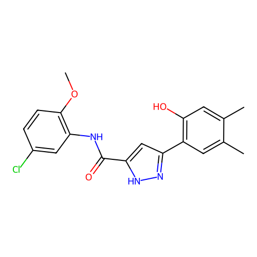 N-(5-chloro-2-methoxyphenyl)-5-(2-hydroxy-4,5-dimethylphenyl)-1H-pyrazole-3-carboxamide structure