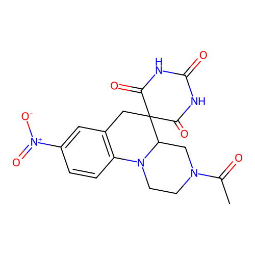 3'-acetyl-8'-nitrospiro[1,3-diazinane-5,5'-2,4,4a,6-tetrahydro-1H-pyrazino[1,2-a]quinoline]-2,4,6-trione structure