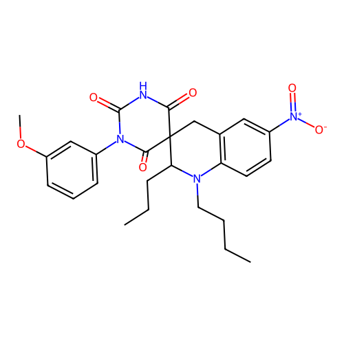 1'-butyl-1-(3-methoxyphenyl)-6'-nitro-2'-propyl-2',4'-dihydro-1H,1'H-spiro[pyrimidine-5,3'-quinoline]-2,4,6(3H)-trione structure