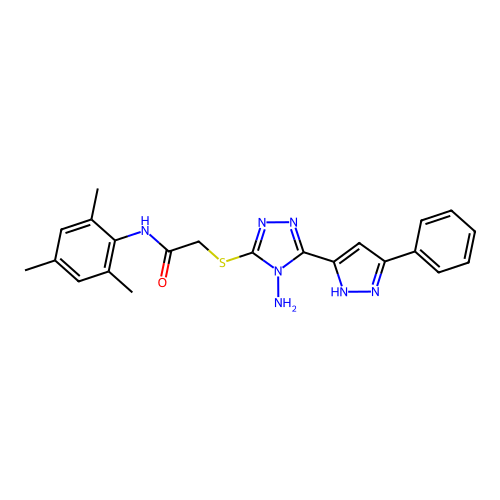 2-((4-amino-5-(3-phenyl-1H-pyrazol-5-yl)-4H-1,2,4-triazol-3-yl)thio)-N-mesitylacetamide structure