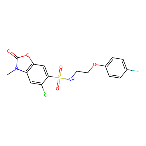 5-chloro-N-[2-(4-fluorophenoxy)ethyl]-3-methyl-2-oxo-2,3-dihydro-1,3-benzoxazole-6-sulfonamide structure