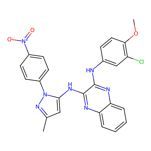 2-N-(3-chloro-4-methoxyphenyl)-3-N-[5-methyl-2-(4-nitrophenyl)pyrazol-3-yl]quinoxaline-2,3-diamine structure