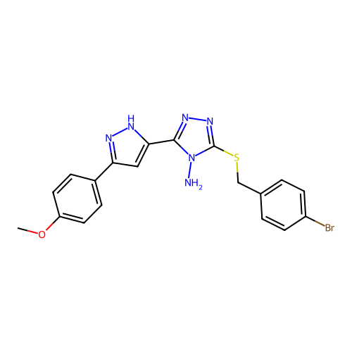 3-((4-bromobenzyl)thio)-5-(3-(4-methoxyphenyl)-1H-pyrazol-5-yl)-4H-1,2,4-triazol-4-amine structure