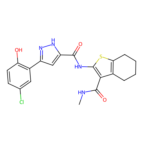 5-(5-chloro-2-hydroxyphenyl)-N-[3-(methylcarbamoyl)-4,5,6,7-tetrahydro-1-benzothiophen-2-yl]-1H-pyrazole-3-carboxamide structure
