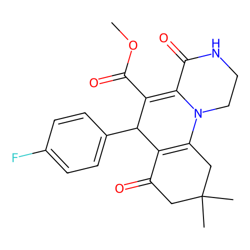 methyl 6-(4-fluorophenyl)-9,9-dimethyl-4,7-dioxo-2,3,4,6,7,8,9,10-octahydro-1H-pyrazino[1,2-a]quinoline-5-carboxylate structure