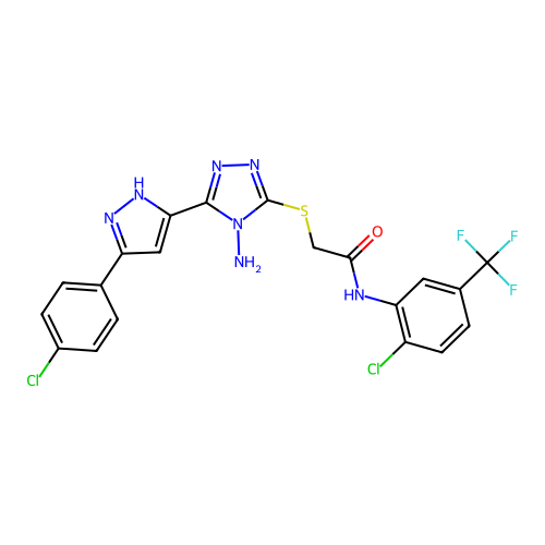 2-((4-amino-5-(3-(4-chlorophenyl)-1H-pyrazol-5-yl)-4H-1,2,4-triazol-3-yl)thio)-N-(2-chloro-5-(trifluoromethyl)phenyl)acetamide structure