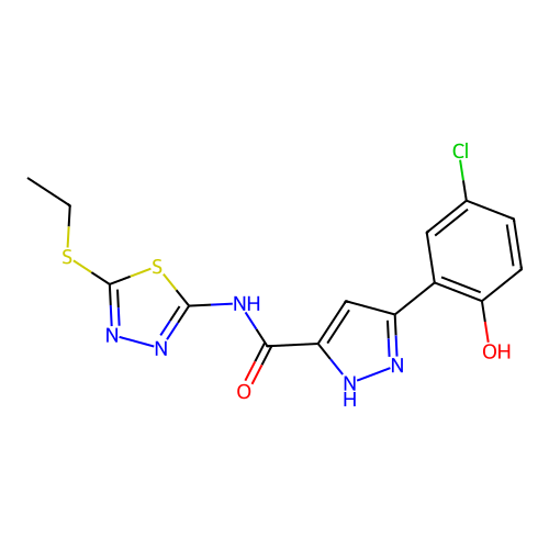 5-(5-chloro-2-hydroxyphenyl)-N-[5-(ethylsulfanyl)-1,3,4-thiadiazol-2-yl]-1H-pyrazole-3-carboxamide structure