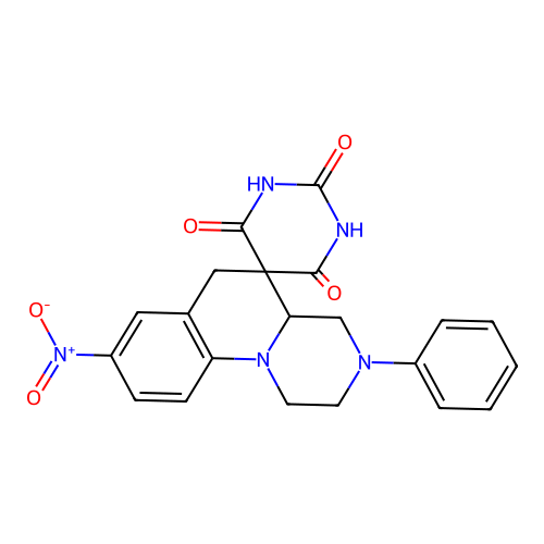 2',6'-dihydroxy-8-nitro-3-phenyl-2,3,4,4a-tetrahydro-1H,4'H,6H-spiro[pyrazino[1,2-a]quinoline-5,5'-pyrimidin]-4'-one structure