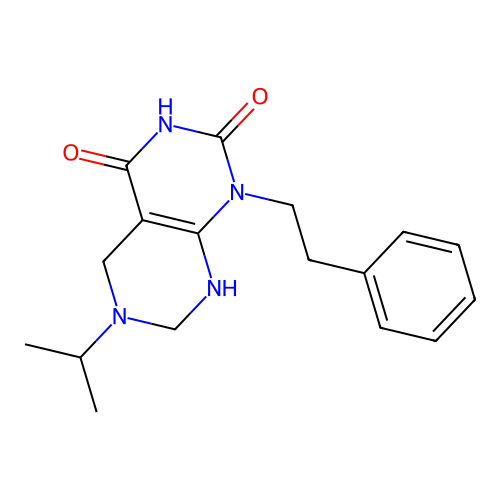 6-isopropyl-1-phenethyl-5,6,7,8-tetrahydropyrimido[4,5-d]pyrimidine-2,4(1H,3H)-dione structure