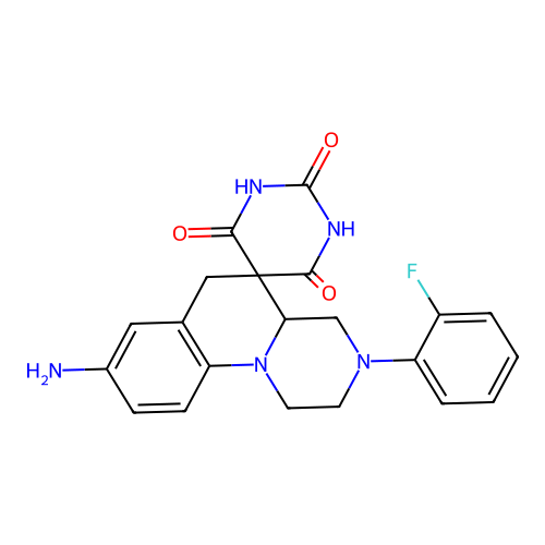 8'-amino-3'-(2-fluorophenyl)spiro[1,3-diazinane-5,5'-2,4,4a,6-tetrahydro-1H-pyrazino[1,2-a]quinoline]-2,4,6-trione structure
