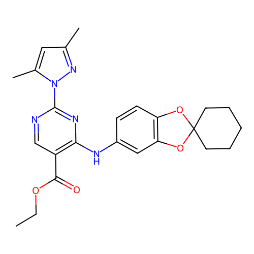 ethyl 2-(3,5-dimethyl-1H-pyrazol-1-yl)-4-(spiro[1,3-benzodioxole-2,1'-cyclohexan]-5-ylamino)pyrimidine-5-carboxylate structure
