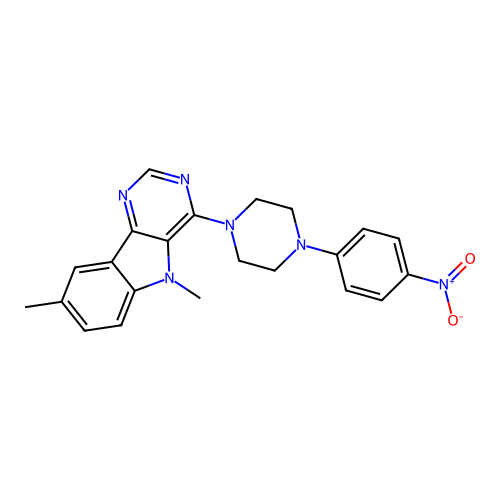 5,8-dimethyl-4-(4-(4-nitrophenyl)piperazin-1-yl)-5H-pyrimido[5,4-b]indole structure