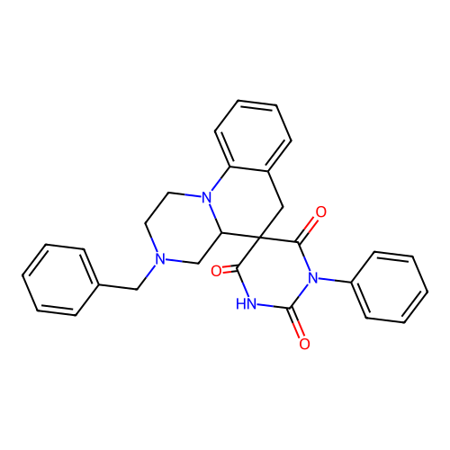3'-benzyl-1-phenylspiro[1,3-diazinane-5,5'-2,4,4a,6-tetrahydro-1H-pyrazino[1,2-a]quinoline]-2,4,6-trione structure