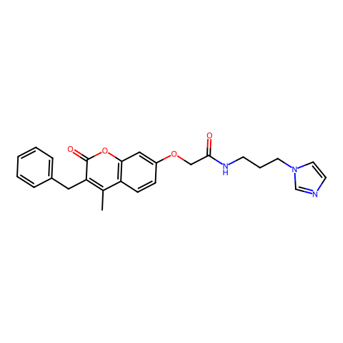 2-(3-benzyl-4-methyl-2-oxo-chromen-7-yl)oxy-N-(3-imidazol-1-ylpropyl)acetamide structure