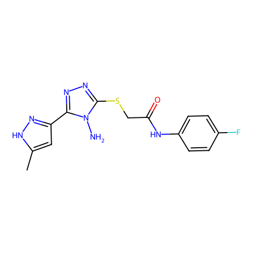 2-((4-amino-5-(3-methyl-1H-pyrazol-5-yl)-4H-1,2,4-triazol-3-yl)thio)-N-(4-fluorophenyl)acetamide structure