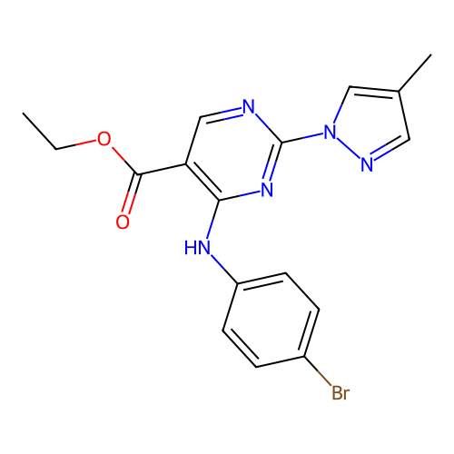 ethyl 4-(4-bromoanilino)-2-(4-methylpyrazol-1-yl)pyrimidine-5-carboxylate structure