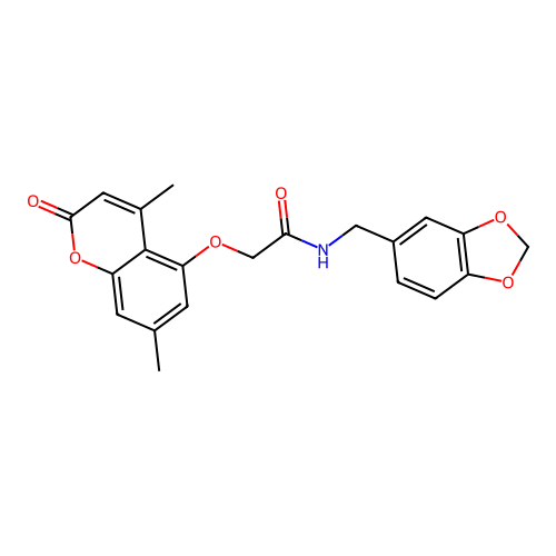 N-(1,3-benzodioxol-5-ylmethyl)-2-(4,7-dimethyl-2-oxochromen-5-yl)oxyacetamide structure