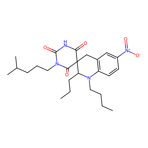 1'-butyl-1-(4-methylpentyl)-6'-nitro-2'-propyl-2',4'-dihydro-1H,1'H-spiro[pyrimidine-5,3'-quinoline]-2,4,6(3H)-trione structure
