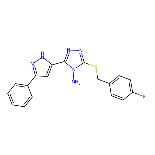 3-((4-bromobenzyl)thio)-5-(3-phenyl-1H-pyrazol-5-yl)-4H-1,2,4-triazol-4-amine structure