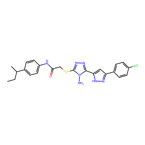 2-((4-amino-5-(3-(4-chlorophenyl)-1H-pyrazol-5-yl)-4H-1,2,4-triazol-3-yl)thio)-N-(4-(sec-butyl)phenyl)acetamide structure