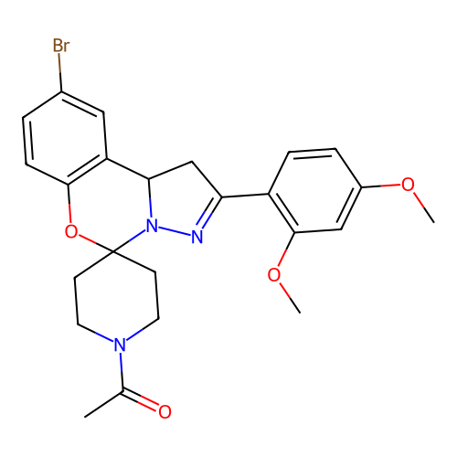 1-(9-bromo-2-(2,4-dimethoxyphenyl)-1,10b-dihydrospiro[benzo[e]pyrazolo[1,5-c][1,3]oxazine-5,4'-piperidin]-1'-yl)ethanone structure