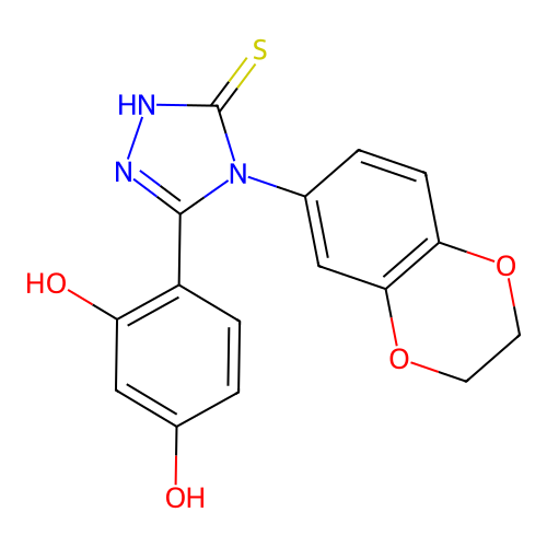 4-(2,3-dihydro-1,4-benzodioxin-6-yl)-3-(2,4-dihydroxyphenyl)-1H-1,2,4-triazole-5-thione structure
