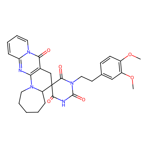 1'-(3,4-dimethoxyphenethyl)-1,2,3,4,5,5a-hexahydro-1'H-spiro[pyrido[1'',2'':1',2']pyrimido[5',4':5,6]pyrido[1,2-a]azepine-6,5'-pyrimidine]-2',4',6',8(3'H,7H)-tetraone structure