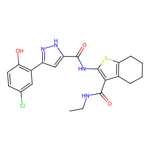 5-(5-chloro-2-hydroxyphenyl)-N-[3-(ethylcarbamoyl)-4,5,6,7-tetrahydro-1-benzothiophen-2-yl]-1H-pyrazole-3-carboxamide structure