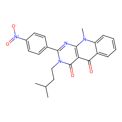 10-methyl-3-(3-methylbutyl)-2-(4-nitrophenyl)pyrimido[4,5-b]quinoline-4,5(3H,10H)-dione structure