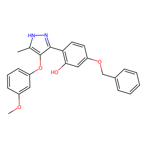5-(benzyloxy)-2-[4-(3-methoxyphenoxy)-5-methyl-1H-pyrazol-3-yl]phenol structure