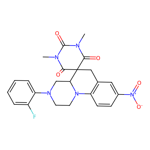 3'-(2-fluorophenyl)-1,3-dimethyl-8'-nitrospiro[1,3-diazinane-5,5'-2,4,4a,6-tetrahydro-1H-pyrazino[1,2-a]quinoline]-2,4,6-trione structure