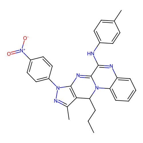 10-methyl-8-(4-nitrophenyl)-11-propyl-N-(p-tolyl)-8,11-dihydropyrazolo[3',4':4,5]pyrimido[1,2-a]quinoxalin-6-amine structure
