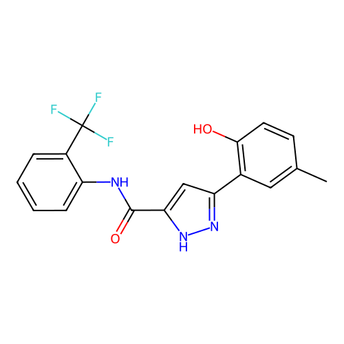 3-(2-hydroxy-5-methylphenyl)-N-[2-(trifluoromethyl)phenyl]-1H-pyrazole-5-carboxamide structure