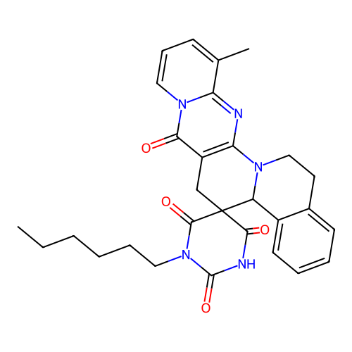 1'-hexyl-12-methyl-15,16-dihydro-1'H,4bH-spiro[pyrido[1'',2'':1',2']pyrimido[5',4':5,6]pyrido[2,1-a]isoquinoline-5,5'-pyrimidine]-2',4',6',7(3'H,6H)-tetraone structure