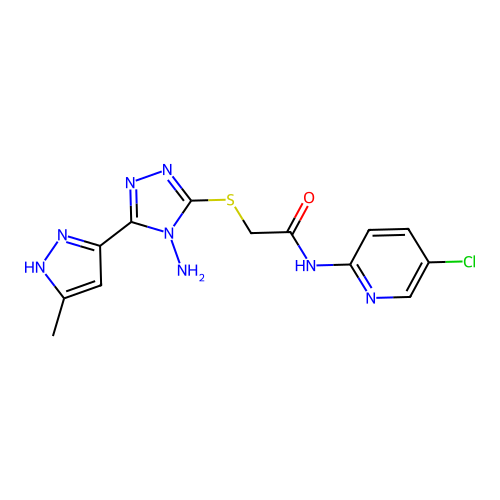 2-((4-amino-5-(3-methyl-1H-pyrazol-5-yl)-4H-1,2,4-triazol-3-yl)thio)-N-(5-chloropyridin-2-yl)acetamide structure